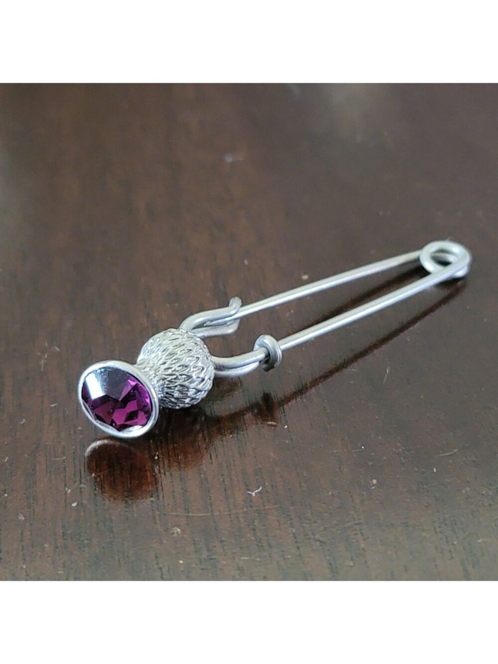 Vintage Scottish Thistle Kilt Pin, Purple Stone, Silver Toned Pin